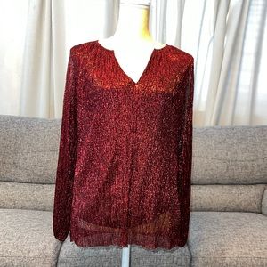 Alfani Shimmer, sparkling red v- neck, lined Blouse Size Medium